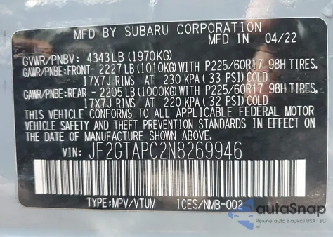 2022 Subaru Crosstrek Premium из США, поврежденный, VIN JF2GTAPC2N8269946